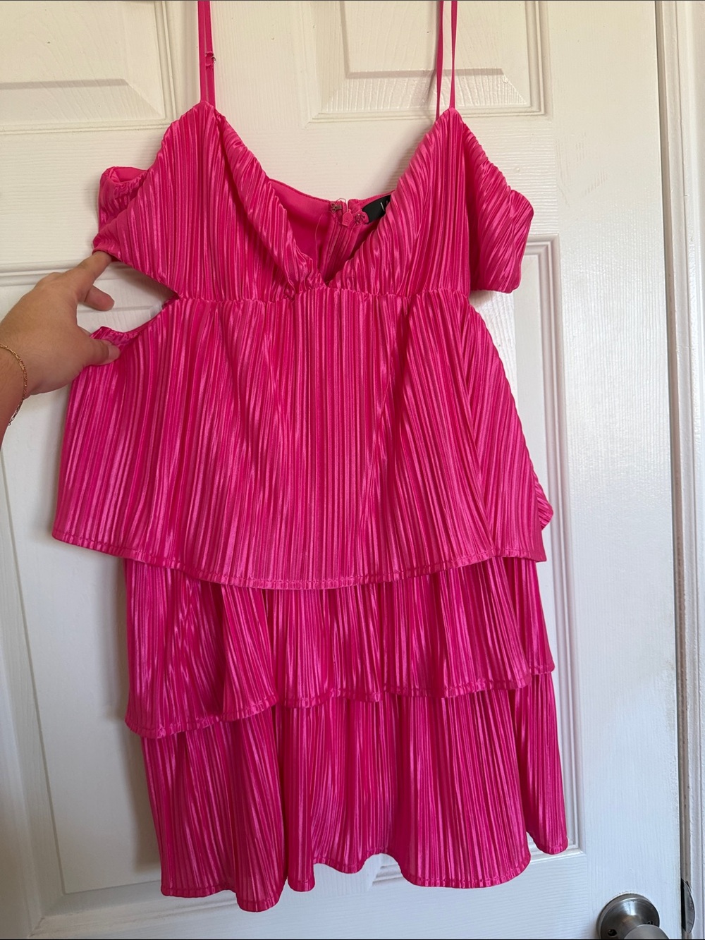 Lulu's Hot Pink Pleated Tiered Cold-Shoulder Dress